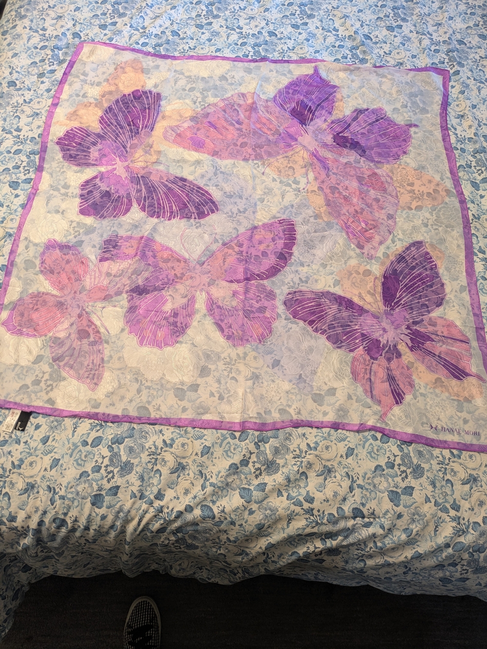 Vintage Sheer Silk Butterfly Print Scarf in Purple and Pink